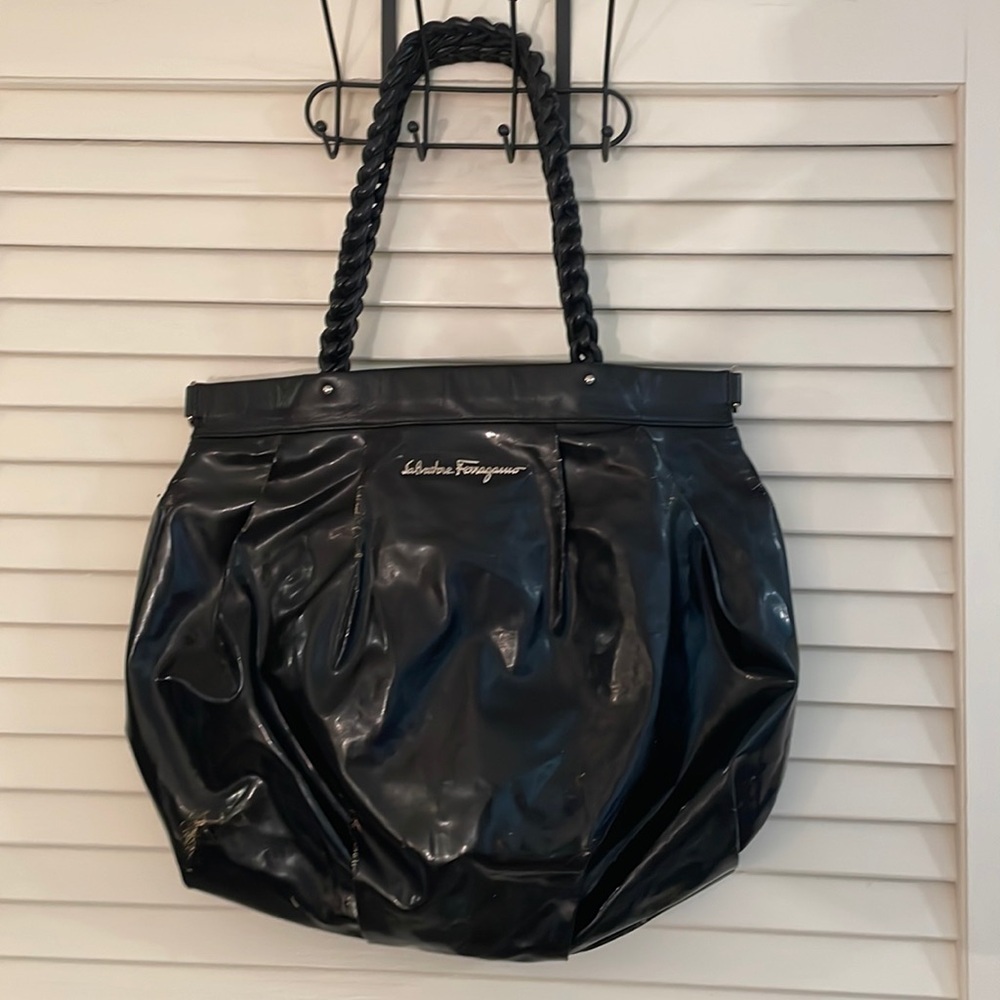 Salvatore Ferragamo Patent Leather Woven Handle Shoulder Tote Bag As Is